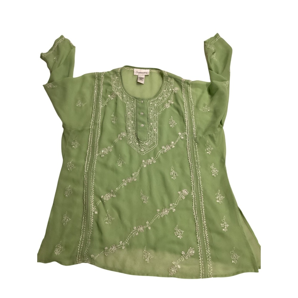 Chadwicks Embroidered Sheer Tunic Top Women Green Long Sleeve Button Neck